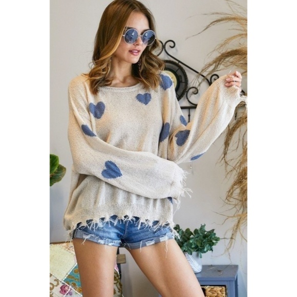 Sweaters - Khaki Blue Heart Valentines Day Distressed Frayed Hem Relaxed Knit Sweater